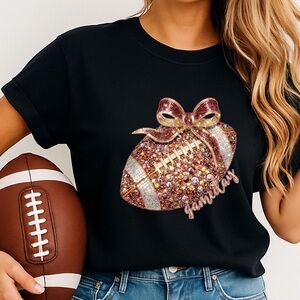 🏈 Sparkle & Spike: Gold Glitter Football Bow t-shirt. Touchdown game ready